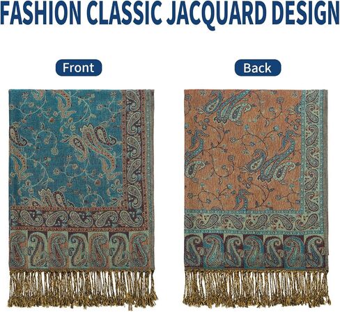 Paisley Pashmina Shawl Wrap Women Reversible Vintage Jacquard Pashmina Rave Scarf with Fringe for Evening, Wedding in Saudi Arabia