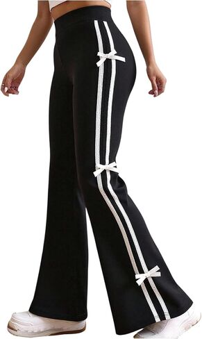 Girl's Bow Side Striped Elastic High Waist Straight Leg Pants Wide Leg Trousers in Saudi Arabia
