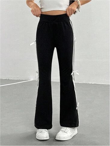 Girl's Bow Side Striped Elastic High Waist Straight Leg Pants Wide Leg Trousers in Saudi Arabia