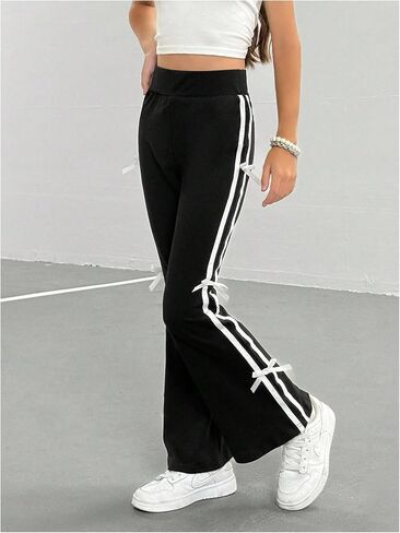 Girl's Bow Side Striped Elastic High Waist Straight Leg Pants Wide Leg Trousers in Saudi Arabia