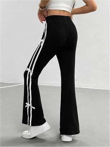 Girl's Bow Side Striped Elastic High Waist Straight Leg Pants Wide Leg Trousers in Saudi Arabia