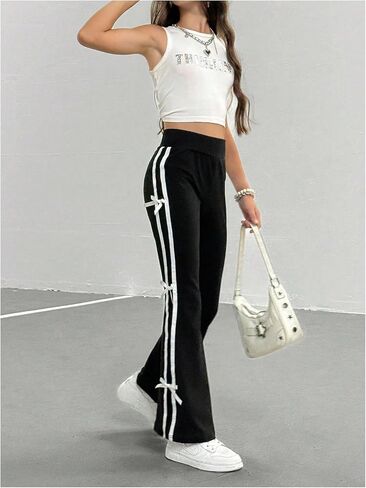 Girl's Bow Side Striped Elastic High Waist Straight Leg Pants Wide Leg Trousers in Saudi Arabia