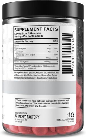 مصنع Jacked المصنع أحادي الهيدرات Gummies 5G جرعة يومي (1G لكل جيم)-الكرياتين الصمغية للرجال والنساء ، و الصالح للنباتات ، وصديق للسفر ، وجهة خارجية تم اختبارها-150 غومينز ، بلو راسبيري in Kuwait