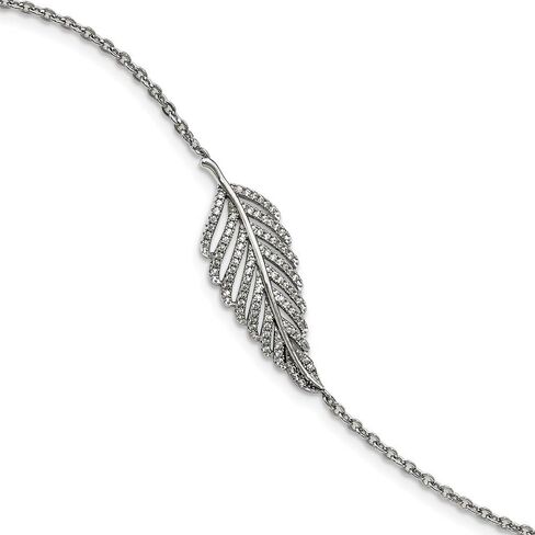 Solid 925 Sterling Silver Cubic Zirconia CZ Brilliant Embers Feather 1In Ext. Bracelet in Saudi Arabia