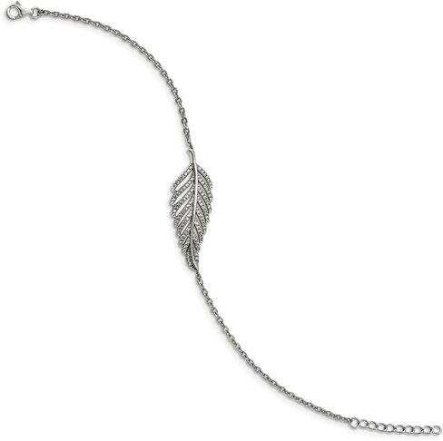 Solid 925 Sterling Silver Cubic Zirconia CZ Brilliant Embers Feather 1In Ext. Bracelet in Saudi Arabia