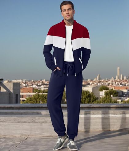 UOUA Men's Tracksuits Set Full Zip Jacket & Sweatpants 2 Piece Athletic Jogging Suits Casual Sports Color Block Outfit in Saudi Arabia