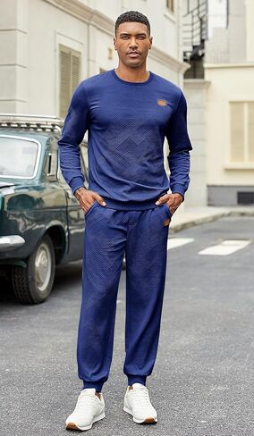 Coofandy Mens Tracksuit 2 قطعة مجموعة Crewneck التعرق بدلة الركض مجموعات طويلة الأكمام جاكارد pulver قميص الملابس in Saudi Arabia