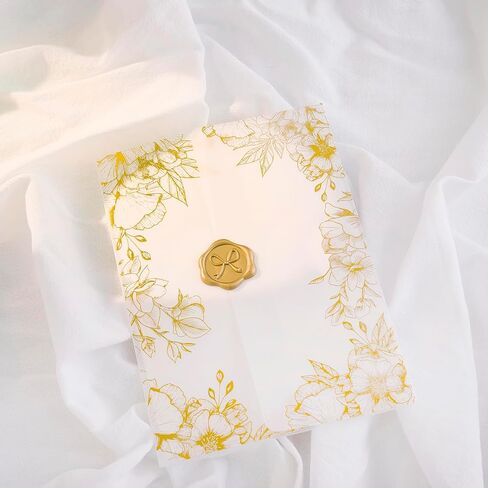 100 حزمة من سترات Vellum الفاخرة المطوية مسبقًا لدعوات 5 × 7، وسترات من ورق Vellum الشفاف مقاس 5 × 7، ولفائف دعوات زفاف من ورق Vellum بوزن 115 جرامًا في المتر المربع، وسترة دعوات زفاف (نمط وردة من رقائق الذهب) in Kuwait