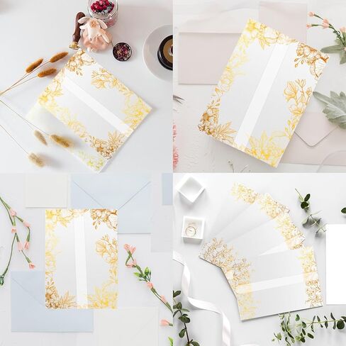100 حزمة من سترات Vellum الفاخرة المطوية مسبقًا لدعوات 5 × 7، وسترات من ورق Vellum الشفاف مقاس 5 × 7، ولفائف دعوات زفاف من ورق Vellum بوزن 115 جرامًا في المتر المربع، وسترة دعوات زفاف (نمط وردة من رقائق الذهب) in Kuwait
