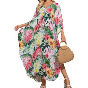 Woxscury Kaftan Dresses Colorful Floral Print Cover Ups Maxi Beach Cover Ups V Neck Batwing Sleeve for Women Swimwear in Saudi Arabia