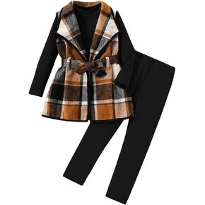 Kid Girls Clothes 3 Piece Outfits Plaid Flannel Belted Vest & Long Sleeve Top and Pants- Fall Clothing Sets in Saudi Arabia