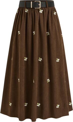 تنانير نبيذ التفاح للنساء Corduroy Floral Ploral Mid Weist Chull Coffle Pocket A Line Maxi Skirt مع حزام in Saudi Arabia