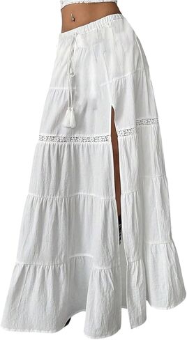 SOLY HUX Women's Summer Split Maxi Skirt Tie Front Elastic Waist Lace Ruffle Hem Long Flowy Skirts in Kuwait