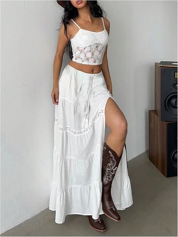 SOLY HUX Women's Summer Split Maxi Skirt Tie Front Elastic Waist Lace Ruffle Hem Long Flowy Skirts in Kuwait