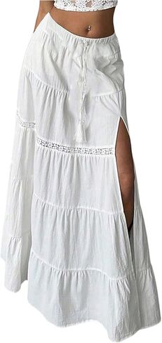 SOLY HUX Women's Summer Split Maxi Skirt Tie Front Elastic Waist Lace Ruffle Hem Long Flowy Skirts in Kuwait
