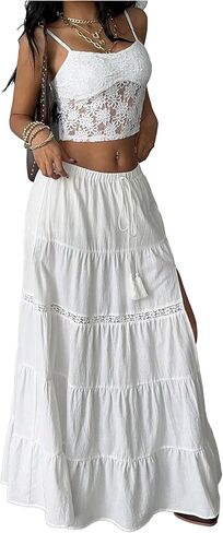 SOLY HUX Women's Summer Split Maxi Skirt Tie Front Elastic Waist Lace Ruffle Hem Long Flowy Skirts in Kuwait