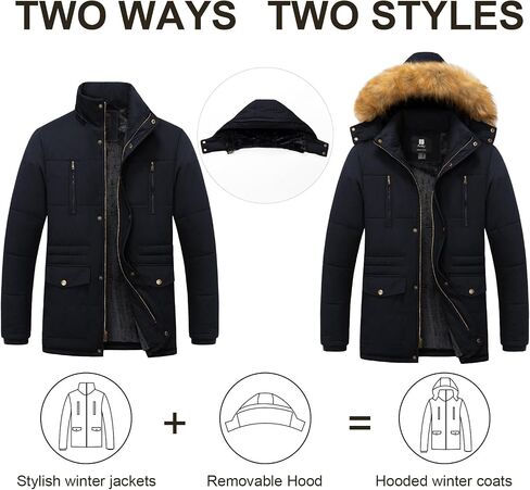 Pursky Men's Winter Cotton Military Coat Fleece Lined Warm Work Jacket Thicken Parka with Removable Faux Fur Hood in Kuwait