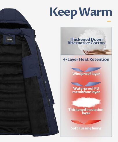 CREATMO US Men's Long Winter Coat Waterproof Thicken Warm Parka Quilted Insulated Puffer Jacket with Removable Hood in Saudi Arabia