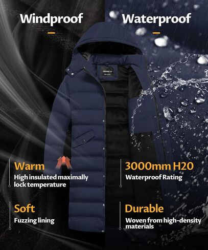 CREATMO US Men's Long Winter Coat Waterproof Thicken Warm Parka Quilted Insulated Puffer Jacket with Removable Hood in Saudi Arabia