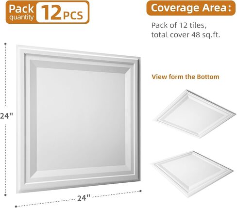 WOWSTAR 12-Pack 24"x24" Drop Ceiling Tiles, Waterproof Glue up Ceiling Panels, White in Kuwait