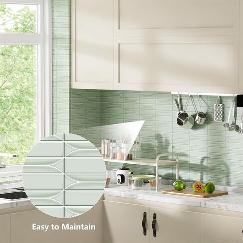 Peel and Stick Backsplash Tiles 12''x12'' Light Green Wall Tile Heat Resistant 10-Sheet Waterproof Vinyl Self Adhesive Glossy Boho Sticker for Kitchen Ceramic Bathroom Living Room in Saudi Arabia