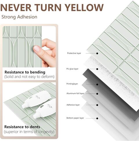 Peel and Stick Backsplash Tiles 12''x12'' Light Green Wall Tile Heat Resistant 10-Sheet Waterproof Vinyl Self Adhesive Glossy Boho Sticker for Kitchen Ceramic Bathroom Living Room in Saudi Arabia