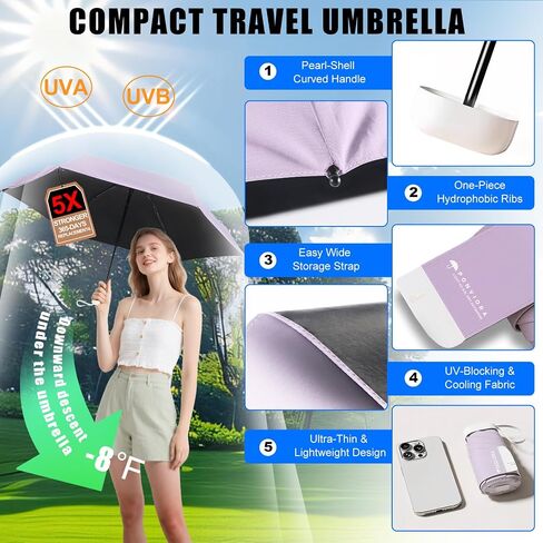 Windproof Compact Travel Umbrella - UPF 50+ Sun & Rain Protection - Lightweight Folding Design for Purse/Pocket, Portable with Zippered Carrying Case for Women, Men, Kids in Saudi Arabia
