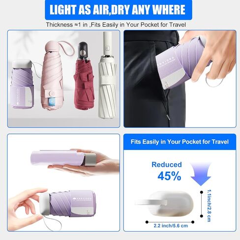 Windproof Compact Travel Umbrella - UPF 50+ Sun & Rain Protection - Lightweight Folding Design for Purse/Pocket, Portable with Zippered Carrying Case for Women, Men, Kids in Saudi Arabia