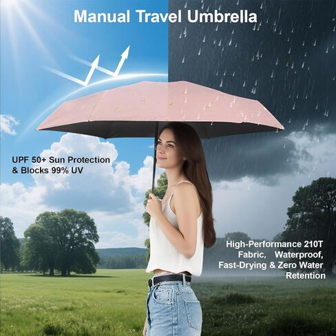 Compact Travel Umbrella - Mini Manual Umbrella for Purse, Windproof & UPF 50+ Sun & Rain Protection, Lightweight Portable Folding with Case for Women, Men，Kids in Saudi Arabia