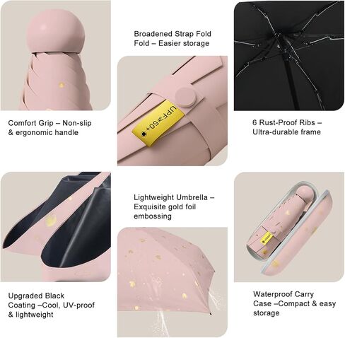 Compact Travel Umbrella - Mini Manual Umbrella for Purse, Windproof & UPF 50+ Sun & Rain Protection, Lightweight Portable Folding with Case for Women, Men，Kids in Saudi Arabia