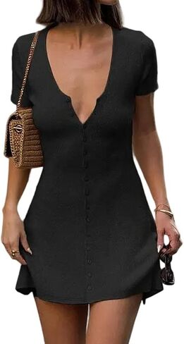 Women Sexy Deep V Neck Button Front Knit Mini Dress Elegant Short Sleeve Ribbed Flowy Hem A-Line Short Dress in Kuwait