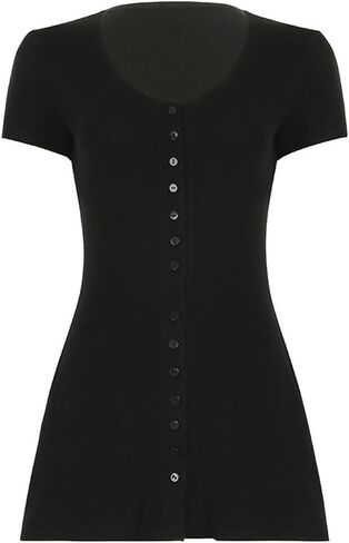 Women Sexy Deep V Neck Button Front Knit Mini Dress Elegant Short Sleeve Ribbed Flowy Hem A-Line Short Dress in Kuwait
