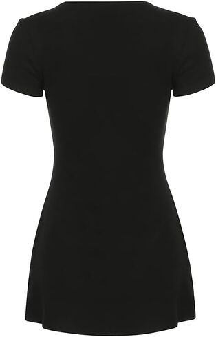 Women Sexy Deep V Neck Button Front Knit Mini Dress Elegant Short Sleeve Ribbed Flowy Hem A-Line Short Dress in Kuwait