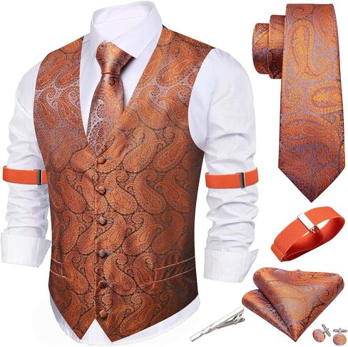 Barry.Wang Mens Vest Tie Set Floral Jacquard Waistcoat Necktie Cuffllinks Sleeve Holder Set Formal Wedding Party 6PCS in Saudi Arabia