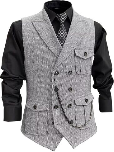 رجال تويد رجعية سترة الأعمال النحيف نائم مزدوج الصدر phicringbone perchcoat متعددة الجيب in Saudi Arabia