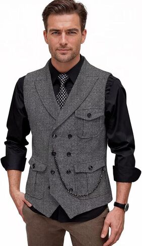 رجال تويد رجعية سترة الأعمال النحيف نائم مزدوج الصدر phicringbone perchcoat متعددة الجيب in Saudi Arabia
