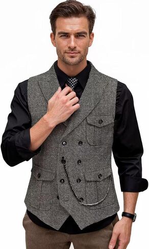 رجال تويد رجعية سترة الأعمال النحيف نائم مزدوج الصدر phicringbone perchcoat متعددة الجيب in Saudi Arabia