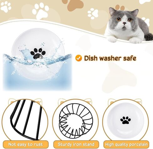 Roshtia 4 Sets Elevated Cat Bowls Ceramic Raised Cat Food Bowls with Metal Stand Dishwasher Safe Dishes Non Slip Elevated Food Plate(Black,Paw) in Kuwait