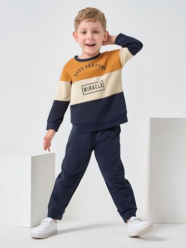 Toddler Kid Boy Clothes Colorblock Sweatshirt Contrast Sideseam Sweatpants 2PC Outfit Set in Saudi Arabia