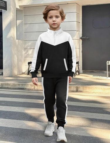 Boys Clothes Solid Color Block Kid Boys' Clothing Sets Stand Collar Half-Zip Sweatsuit 2pcs Outfits with Pocket 6-12y in Saudi Arabia