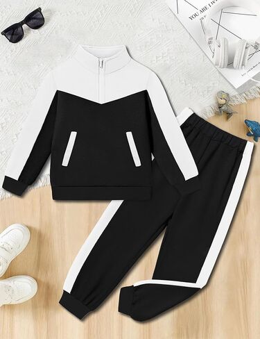 Boys Clothes Solid Color Block Kid Boys' Clothing Sets Stand Collar Half-Zip Sweatsuit 2pcs Outfits with Pocket 6-12y in Saudi Arabia