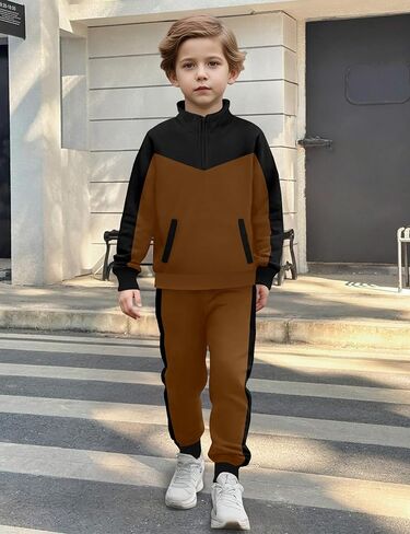 Boys Clothes Solid Color Block Kid Boys' Clothing Sets Stand Collar Half-Zip Sweatsuit 2pcs Outfits with Pocket 6-12y in Saudi Arabia