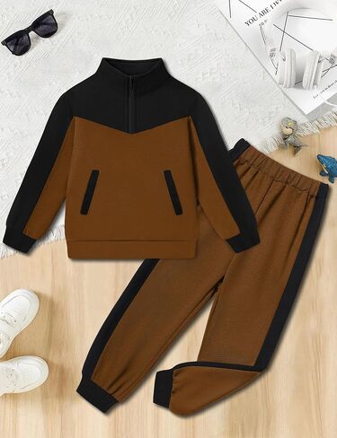 Boys Clothes Solid Color Block Kid Boys' Clothing Sets Stand Collar Half-Zip Sweatsuit 2pcs Outfits with Pocket 6-12y in Saudi Arabia