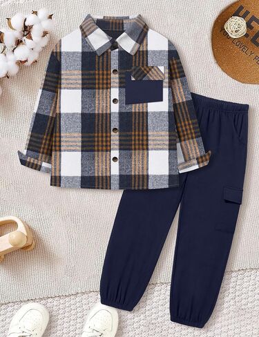 Queenstyle Toddler Boy Cloths 2pcs قميص منقوش من الفانيلا وملابس الفتاة الخريف الشتاء الأولاد لمدة 3-8 سنوات in Kuwait