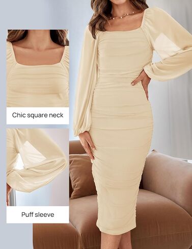 Zesica نساء مثير ruched bodycon midi فستان طويل نفخة مربع الرقبة مربعا الظهر كوكتيل حفل الزفاف in Saudi Arabia