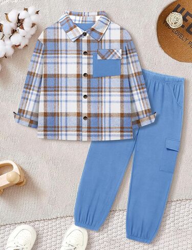 Queenstyle Toddler Boy Cloths 2pcs قميص منقوش من الفانيلا وملابس الفتاة الخريف الشتاء الأولاد لمدة 3-8 سنوات in Kuwait