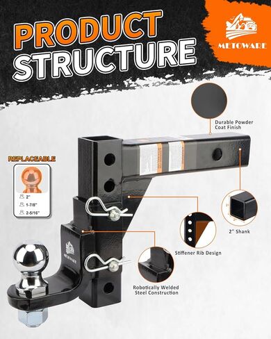 METOWARE Adjustable Trailer Hitch Ball Mount, 2" Towing Ball 7500 LBS, Fits 2-Inch Receiver, 6-Position Heavy Duty Tow Hitch with Pins and Trailer Hitch Lock in Saudi Arabia