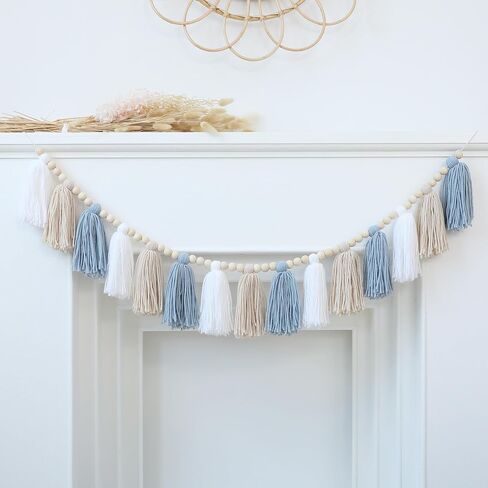 Boho Tassel Garland Wall Hanging with Wood Beads Blue Tassel Garland for Baby Shower Kids Room Bedroom Nursey Back to School Decorations in Kuwait