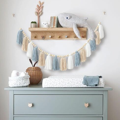 Boho Tassel Garland Wall Hanging with Wood Beads Blue Tassel Garland for Baby Shower Kids Room Bedroom Nursey Back to School Decorations in Kuwait