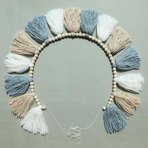 Boho Tassel Garland Wall Hanging with Wood Beads Blue Tassel Garland for Baby Shower Kids Room Bedroom Nursey Back to School Decorations in Kuwait